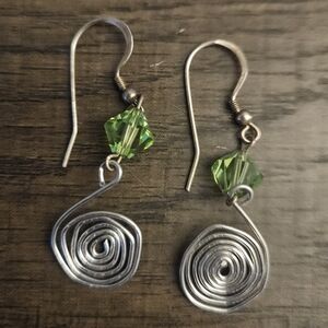 Silver Spiral Dangle Earrings with Green Bead